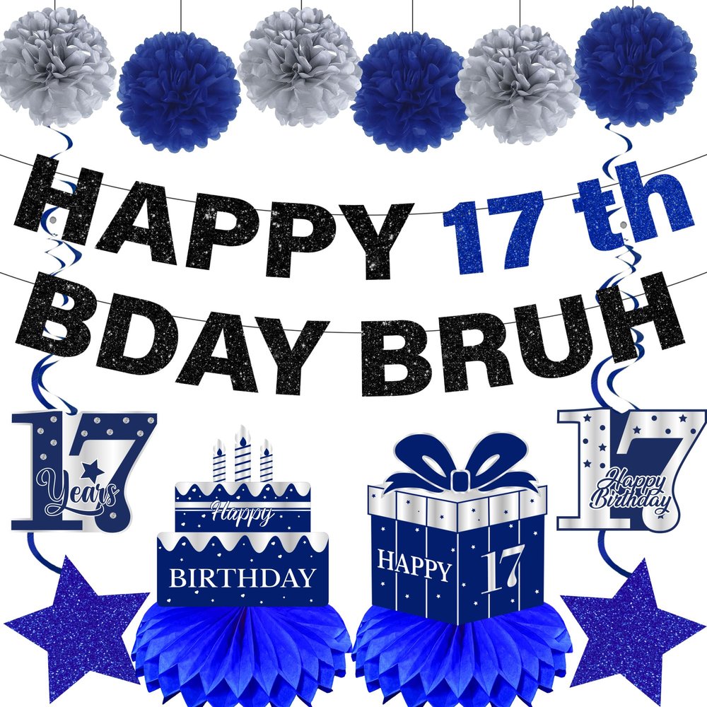 17th Birthday Decorations Banner Boys - 14 Pcs Blue Sliver Pre-Strung Bday Bruh Its My Birthday Banner Honeycomb Centerpieces Swirls Table Topper Sign Pompoms For 17 Year Old Party Supplies
