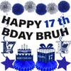 17th Birthday Decorations Banner Boys - 14 Pcs Blue Sliver Pre-Strung Bday Bruh Its My Birthday Banner Honeycomb Centerpieces Swirls Table Topper Sign Pompoms For 17 Year Old Party Supplies view 1