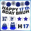 17th Birthday Decorations Banner Boys - 14 Pcs Blue Sliver Pre-Strung Bday Bruh Its My Birthday Banner Honeycomb Centerpieces Swirls Table Topper Sign Pompoms For 17 Year Old Party Supplies view 2