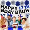 17th Birthday Decorations Banner Boys - 14 Pcs Blue Sliver Pre-Strung Bday Bruh Its My Birthday Banner Honeycomb Centerpieces Swirls Table Topper Sign Pompoms For 17 Year Old Party Supplies view 4