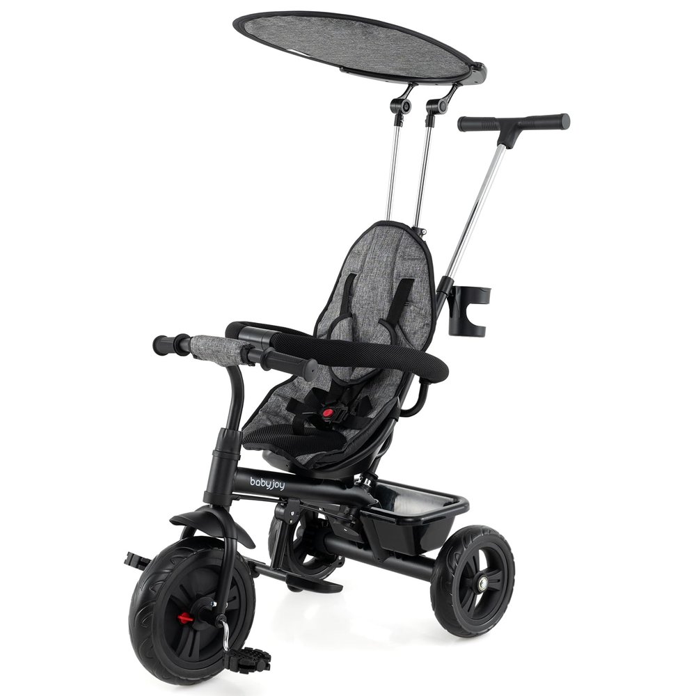 BABY JOY Toddler Tricycle, 7 in 1 Push Trike w/Adjustable Canopy, Parent Push Handle, Seat & Footrests, 5-Point Safety Harness and All-Terrain EVA Wheels, Kids Stroller Bike for 9-60 Months (Gray)