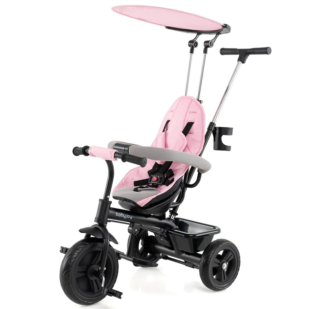 BABY JOY Toddler Tricycle, 7 in 1 Push Trike w/Adjustable Canopy, Parent Push Handle, Seat & Footrests, 5-Point Safety Harness and All-Terrain EVA Wheels, Kids Stroller Bike for 9-60 Months (Pink)