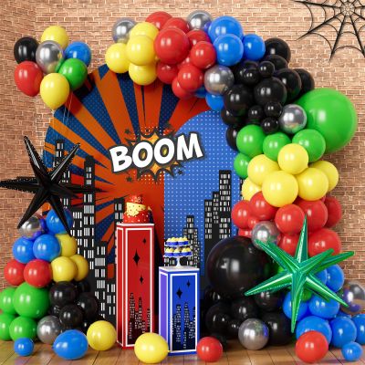 JINMUYU 134Pcs Red Blue Yellow Green Black Balloon Arch Garland Kit - With Exploding Star Balloons Carnival, Superhero, Video Game Gamer, Comic Hero Theme Party Decorations