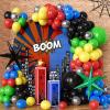 JINMUYU 134Pcs Red Blue Yellow Green Black Balloon Arch Garland Kit - With Exploding Star Balloons Carnival, Superhero, Video Game Gamer, Comic Hero Theme Party Decorations view 1