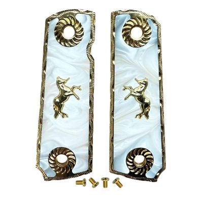 1911 Grips Full Size Gold Metal Frame White Pearl Inlay Gold Metal Colt Horse