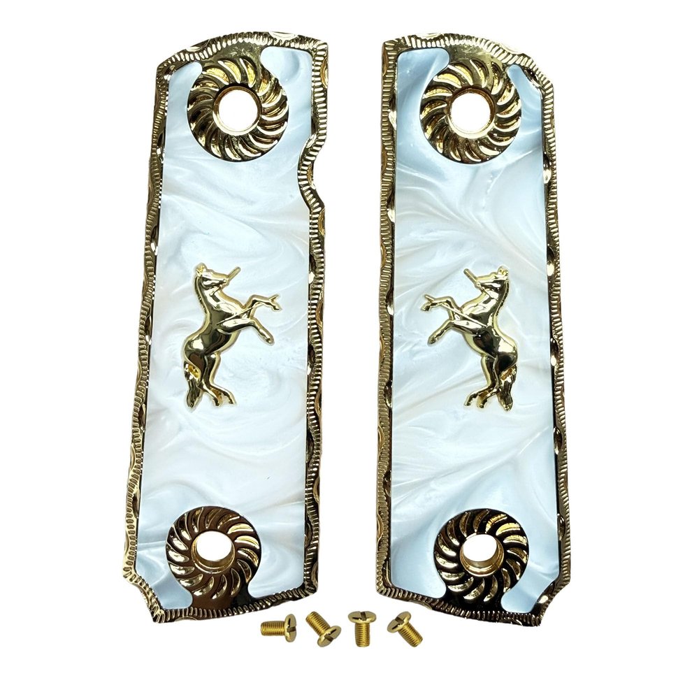1911 Grips Full Size Gold Metal Frame White Pearl Inlay Gold Metal Colt Horse