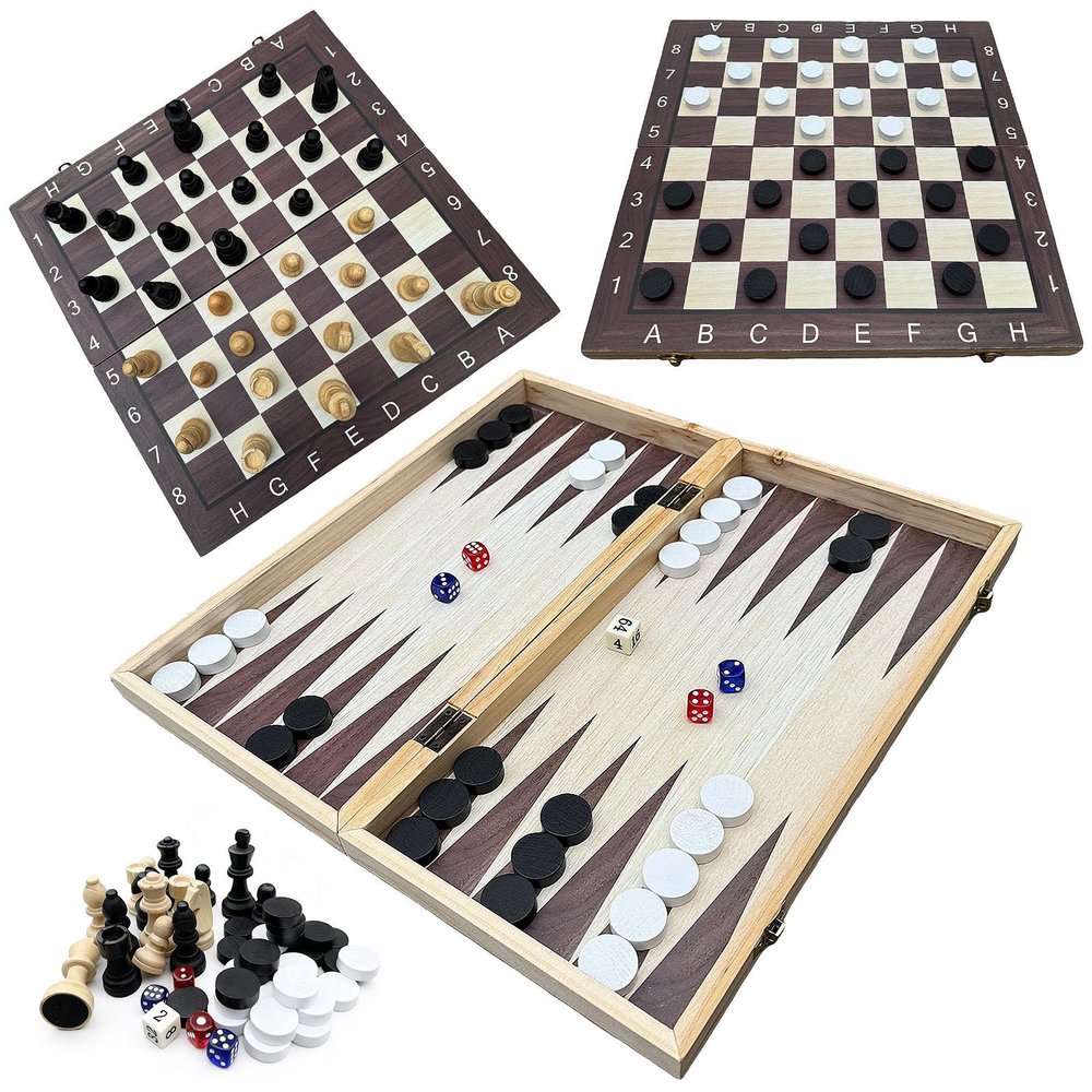 15" Wooden Backgammon Chess Checkers Set 3-in-1, Portable Folding Two Sided Board Multi Game Design,with red and Blue dice Board Games for 2 Players Adults