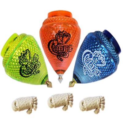 Cobra Set of 3 Spinning Tops Durable Plastic Metal Tip Spinners Traditional Trompo Mexicano de Plastico Cometa Assorted Colors with Strings Inside.
