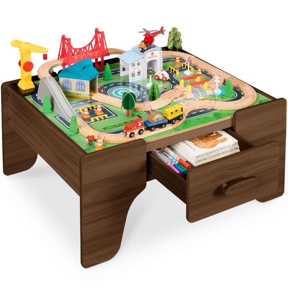 Best Choice Products 56 Piece Wooden Train Table Set for Kids (32"x23.25"x15") Multi-Activity Table with Toy Storage Drawer & Reversible Top - Walnut