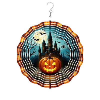 Wind Spinner Outdoor 10 Inch Lit Pumpkin Glows Before Spooky Castle for Yard and Garden 3D Stainless Steel Wind Sculpture Unique Gift Hanging Spinner Ornament Decoration