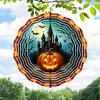 Wind Spinner Outdoor 10 Inch Lit Pumpkin Glows Before Spooky Castle for Yard and Garden 3D Stainless Steel Wind Sculpture Unique Gift Hanging Spinner Ornament Decoration view 2
