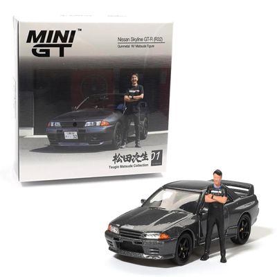 1:64 Diecast Model Car Compatible with Nissan Skyline GT-R (R32) Nismo Gunmetal W/Matsuda Figure Tsugio Matsuda Collection Limited Edition by Mini GT MGT00869