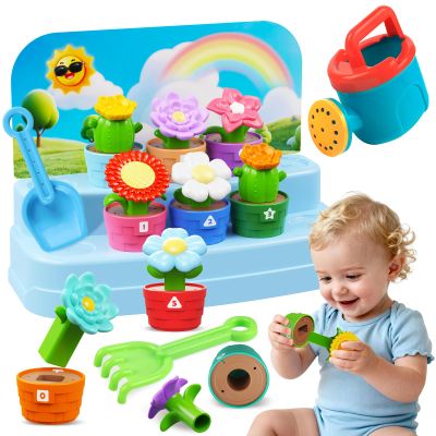 Montessori Toys Flower Garden Toy Set with Watering Can, Shovel, Rake, Color & Shape Sorter Toy, Educational Activity Preschool Learning Toys, Gift for Baby Toddler Girls 1 2 3 4 Year Old 10 PCS