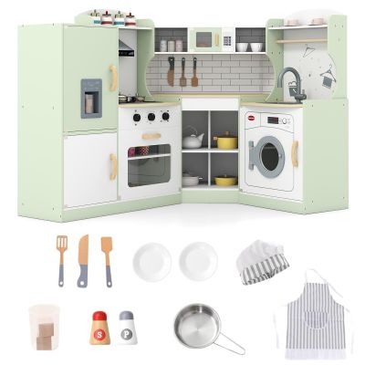 CHEFJOY Play Kitchen, Corner Toy Kitchen w/Chef Suit Set, Toddler Kitchen Set w/Ice Make, Washing Machine, Microwave, Sink, Range Hood, Kids Kitchen Playset for Toddler, Gift for Boys Girls (Green)
