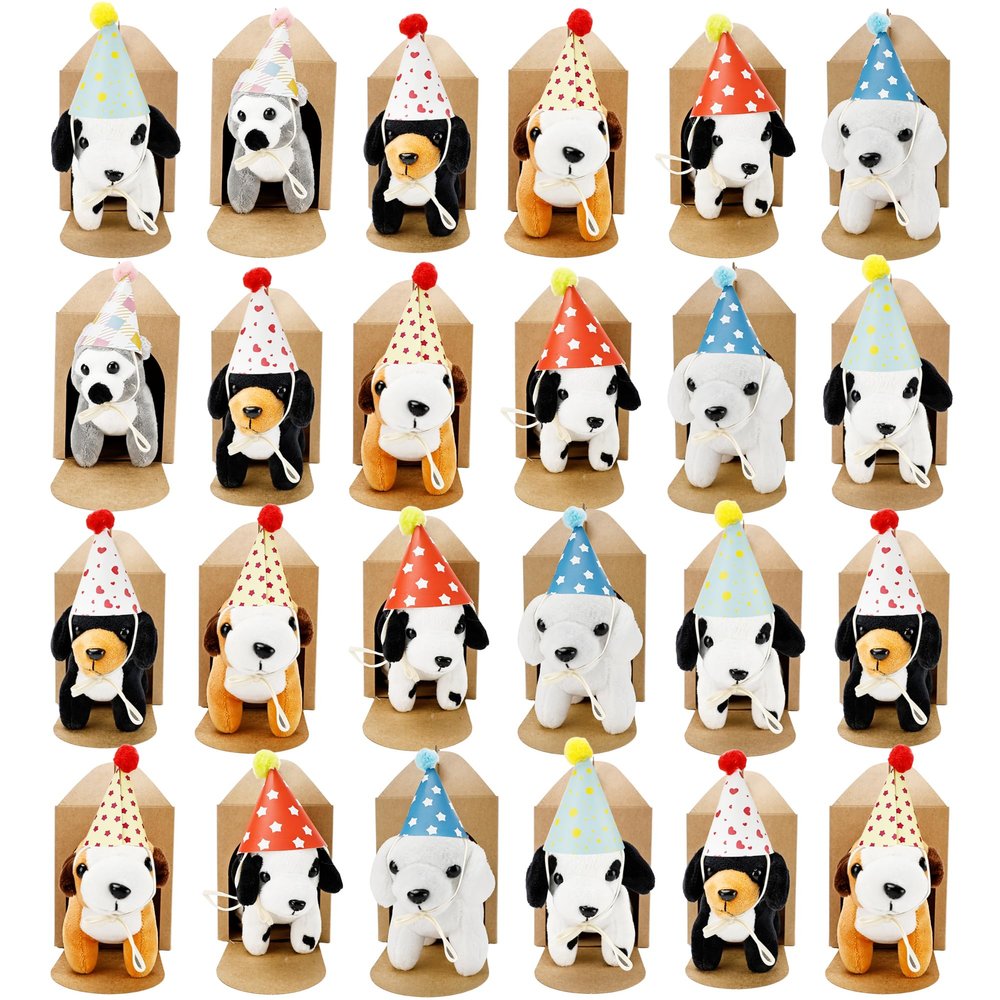72 Pcs Dog Party Favors Include 24 Mini Stuffed Dog Animals Toys Plush Dog Animals and 24 Foldable Boxes 24 Birthday Hats for Adopt a Dog Party Favors Animal Party Goodie Bag Fillers (Dog Style 2)