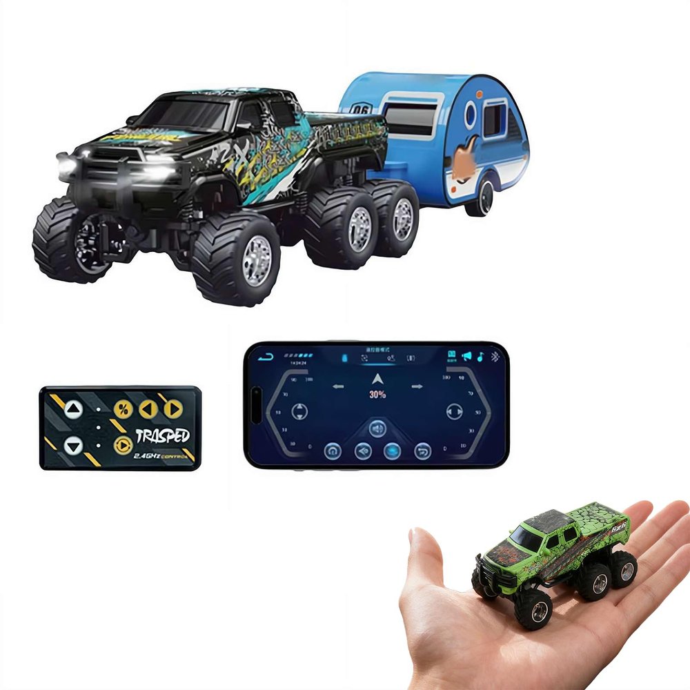 CTDWNT Mini Rc Truck,1/64 Scale Mini Remote Control Monster Truck with Trailer, 2.4Ghz Remote Control & APP, Rechargeable Alloy Shell RC Cars with Lights, Speed/Steering Adjustable (Black)