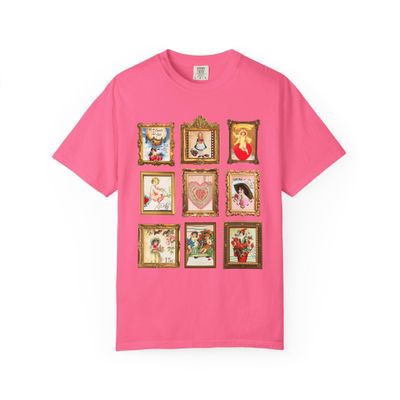 Adorable Vintage Valentine Stamps Framed on Tee Shirt, Colorful Maximalist T-Shirt for Valentine's Day