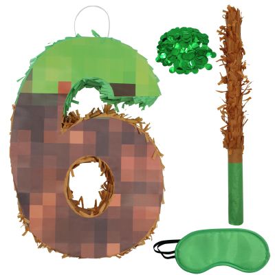 6 Pinata,16 Inch Number 6 Pixel Birthday Pinata with Stick, Blindfold, Confetti for Boys Girls 7th Birthday Party Gaming Theme Party Carnival Events Decor Birthday Baby Shower Supplies