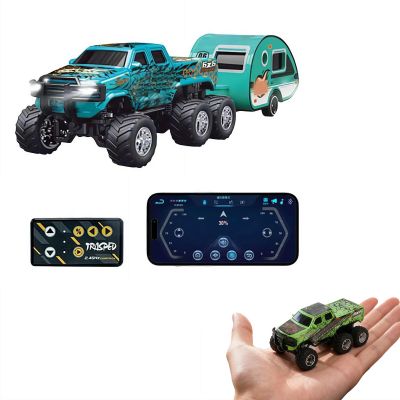 CTDWNT Mini Rc Truck,1/64 Scale Mini Remote Control Monster Truck with Trailer, 2.4Ghz Remote Control & APP, Rechargeable Alloy Shell RC Cars with Lights, Speed/Steering Adjustable (Blue)
