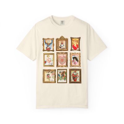 Adorable Vintage Valentine Stamps Framed on Tee Shirt, Colorful Maximalist T-Shirt for Valentine's Day