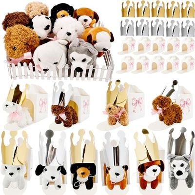 61 Pcs Adopt a Puppy Party Favors Include 20 Mini Stuffed Animals Plush Toy Set 20 Foldable Boxes 20 Birthday Crown Hats and 1 Plastic Fence for Dog Party Favors Animal Party Goodie Bag Fillers