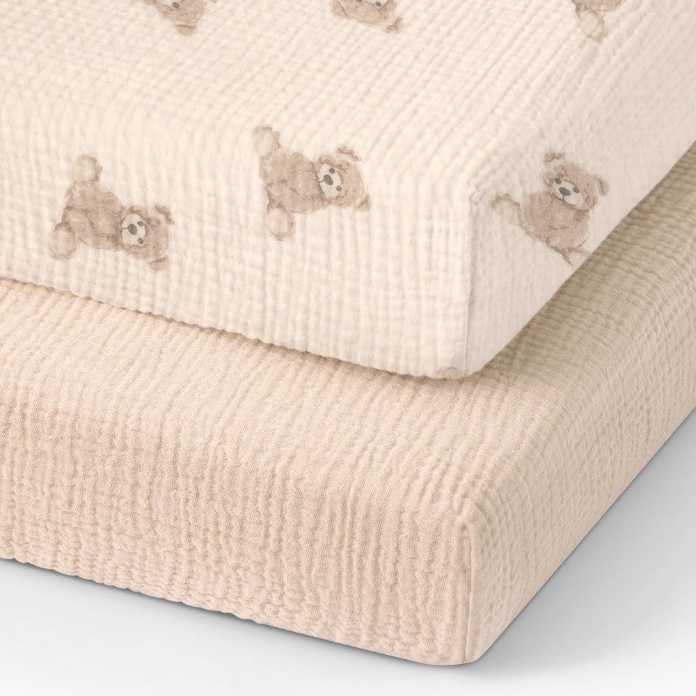 100% Organic Cotton Muslin Pack and Play Sheets Fitted 38x26, Mini Crib Sheets Compatible with Graco/hiccapop/YENING/Dream On Me/Babylicious Pack N Play Mattress, Playard Bedding Sheet Bed Cover
