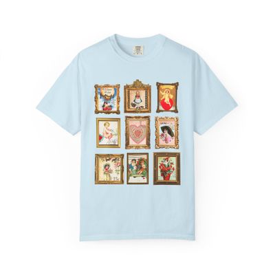 Adorable Vintage Valentine Stamps Framed on Tee Shirt, Colorful Maximalist T-Shirt for Valentine's Day
