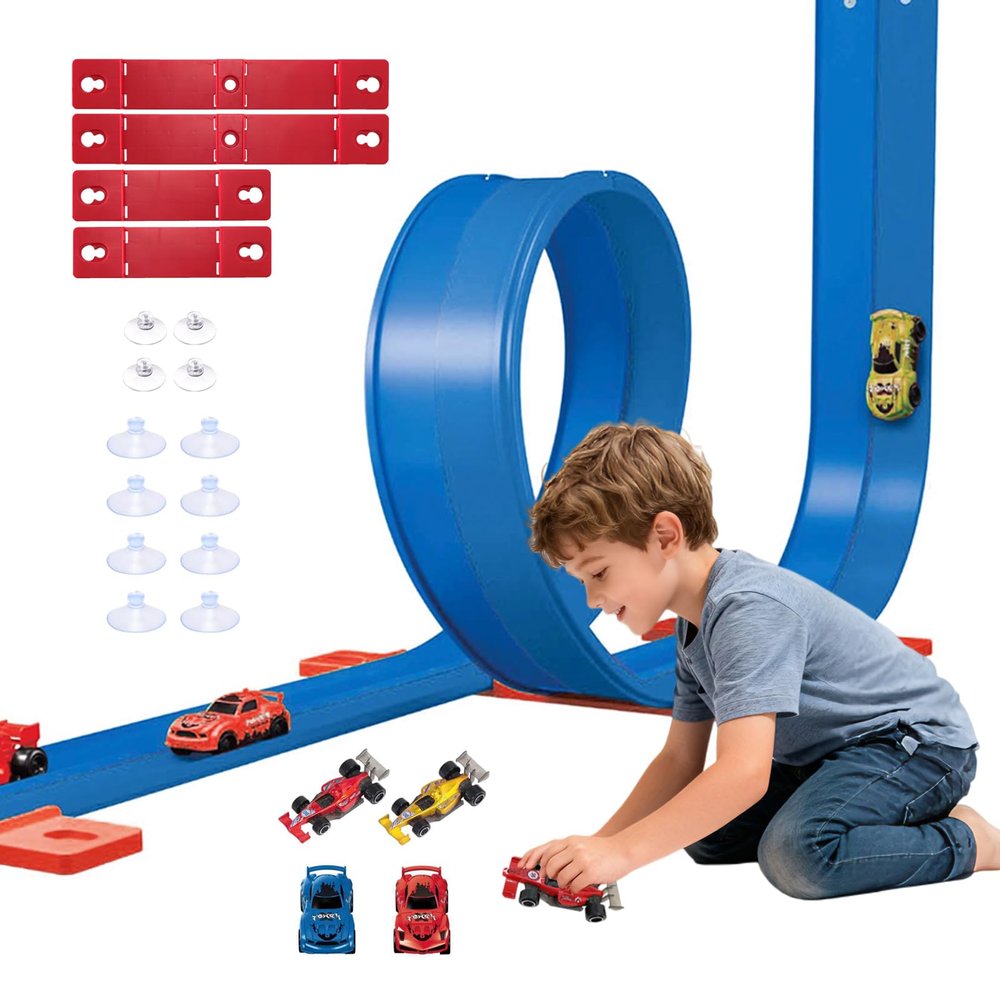 Bunu1492 Flexible 19.7Ft Race Track for Kids, 2-Lane Bendable Racetrack Set with Suction Cups,Compatible with Hot Wheels/Matchbox 1/64th Cars,Portable Track Toy Gift for Boys Girls Ages 3+ (Blue)