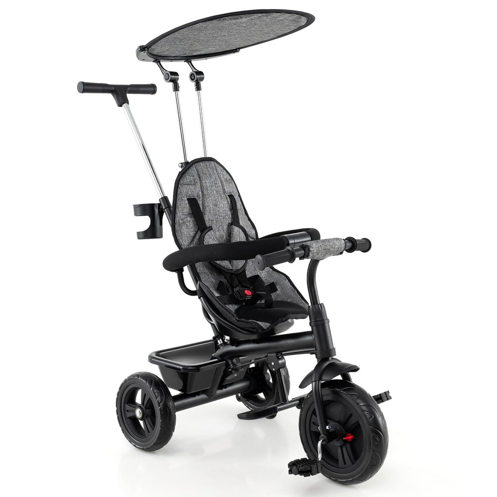 HONEY JOY Tricycle, 7-in-1 Baby Trike w/Adjustable Push Handle, Canopy & Seat, Safety Belt, Kids Bike Stroller w/Storage Basket, Cup Holder, Push Tricycle for Toddlers 9 Months-5 Years (Gray)