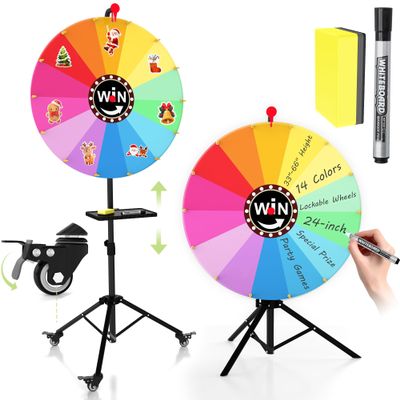 24-Inch Prize Wheel with Lockable Wheels, Portable 14-Color Spinning Prize Wheel, Adjustable 33"-66" Height Spin Doodle Game Spinner with Folding Tripod Stand, Storable Spinning Wheel for Prizes