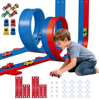 2-Pack Flexible Race Track Set for Kids, 16.4Ft Bendable Racetrack with Suction Cups,Compatible with Hot Wheels/Matchbox 1/64th Cars,Portable Track Toy Gift for Boys Girls Ages 3+(Blue & Red)