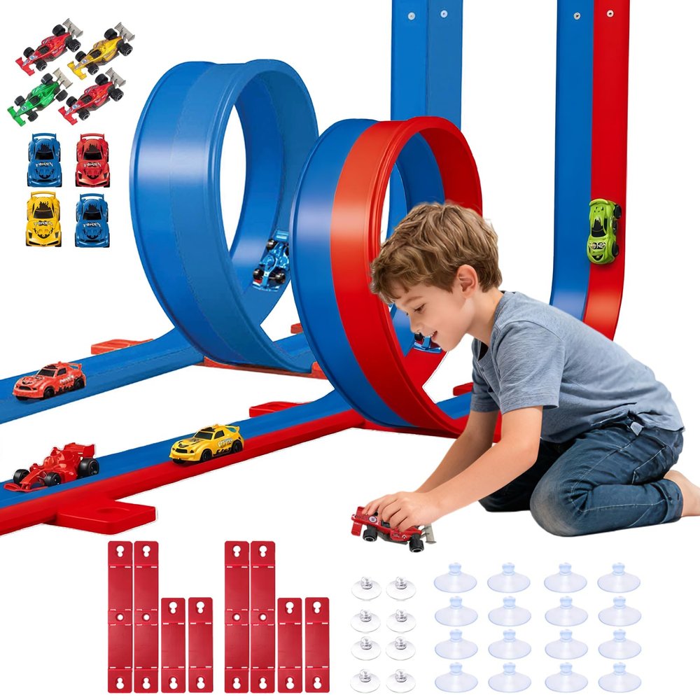 2-Pack Flexible Race Track Set for Kids, 16.4Ft Bendable Racetrack with Suction Cups,Compatible with Hot Wheels/Matchbox 1/64th Cars,Portable Track Toy Gift for Boys Girls Ages 3+(Blue & Red)