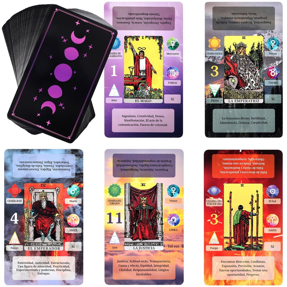 BWTY Cartas De Tarot Espaol Tarot para Principiantes en Espaol with Meanings on Them, Keywords, Astrology (Planet Zodiac), Yes or No, Elements, Numerology