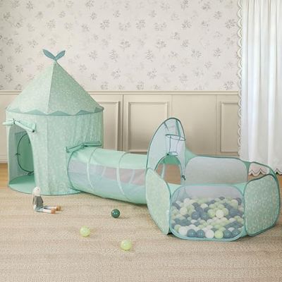 Tiny Land 3-in-1 Kids Play Tunnel with Ball Pit & Tent, Pop Up Crawl Tunnel for Toddlers, Indoor & Outdoor Baby Play Tunnel, Foldable Crawling Tunnel Toy, Gift for 2 Year Old Girl & Boy, Green