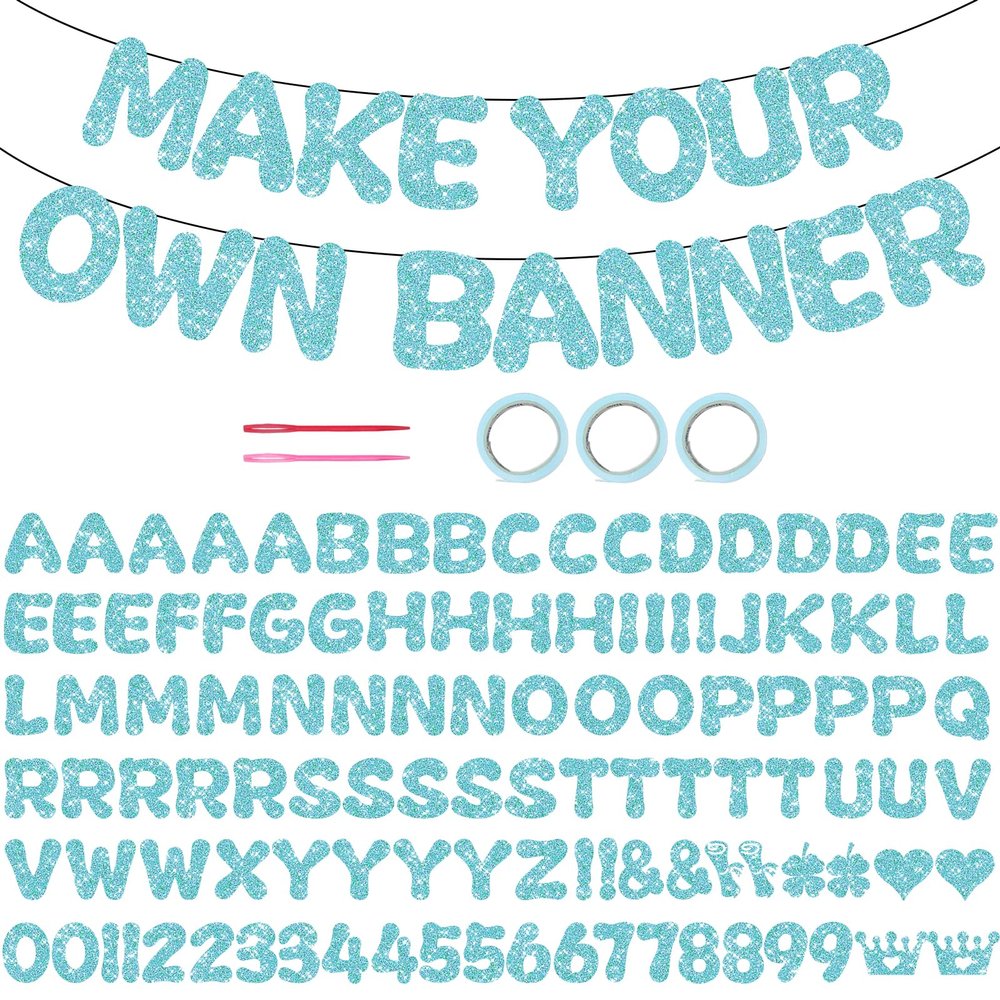 116PCS DIY Banner Customizable Birthday Banners Graduation Banner Custom Party Hanging Banner 111 Letters and Numbers, 3 Rope, 2 Threading Devices for Graduation Baby Blue