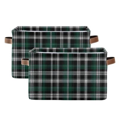Aslsiy Storage Basket Check Plaid Dark Green Black White Xmas (2) Nursery Bins Baby Canvas Box Clothes Shelf Basket Laundry Hampers 2 Pcs