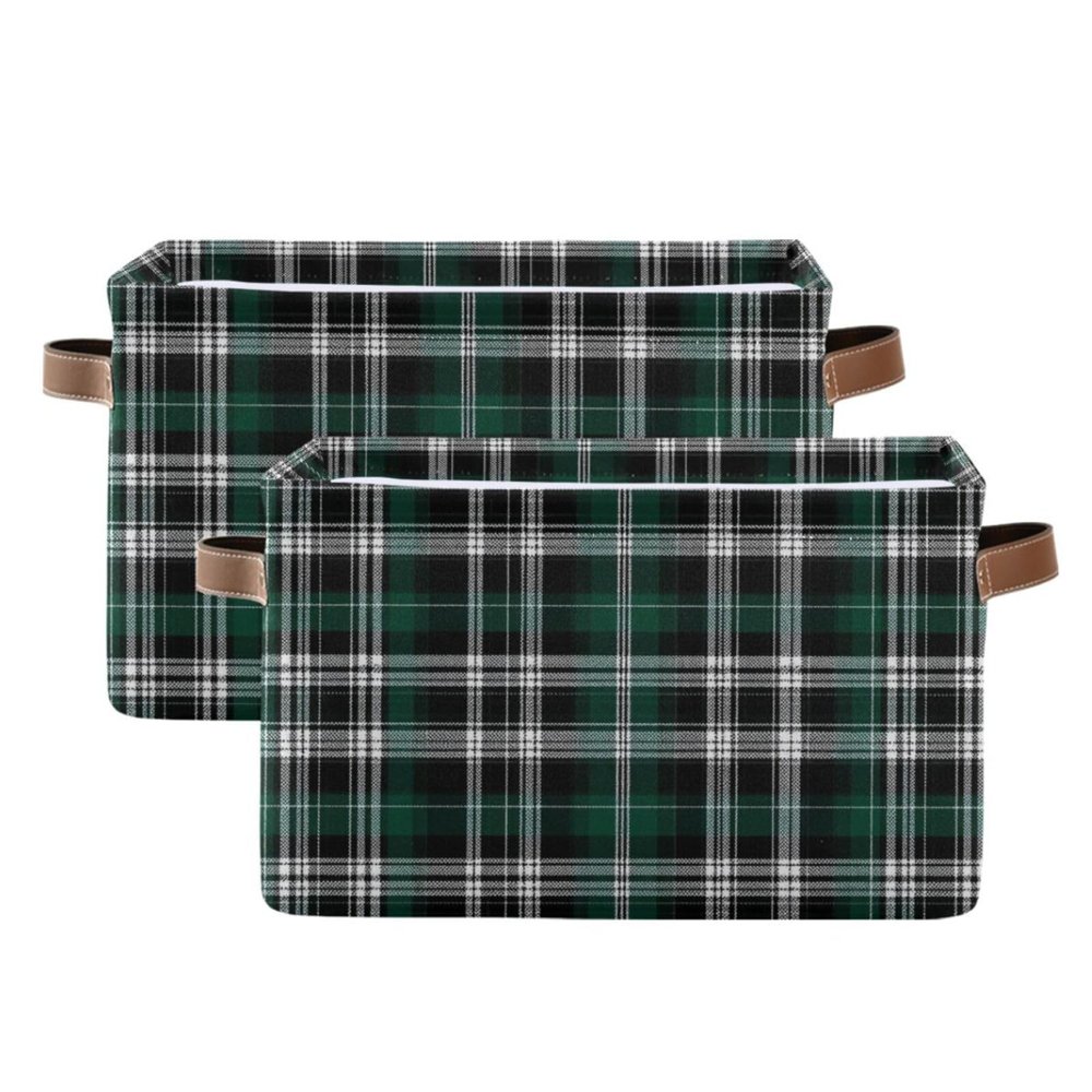 Aslsiy Storage Basket Check Plaid Dark Green Black White Xmas (2) Nursery Bins Baby Canvas Box Clothes Shelf Basket Laundry Hampers 2 Pcs