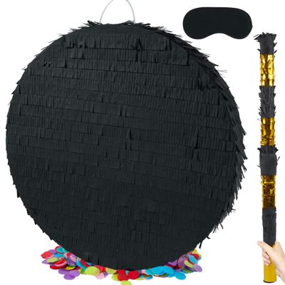 PCFING 18 Inch Round Blank Piata Diy with 30 Inch Piata Stick Blindfold Confetti for Boy Girl Adult Birthday Party Game Decorations, Anniversary Celebration, Fiesta (Black)