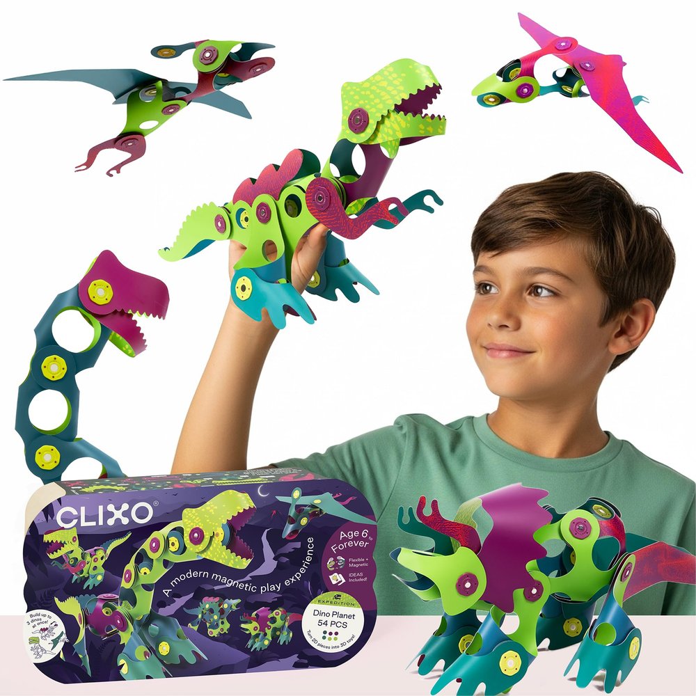 Clixo Dino Planet 54 Piece Pack - A Versatile Magnetic Building Toy. Create Dinosaurs & Imaginative Creations. Award-Winning Design. Hours of Fun Creative STEM Play, Great Gift for Curious Kids [New]