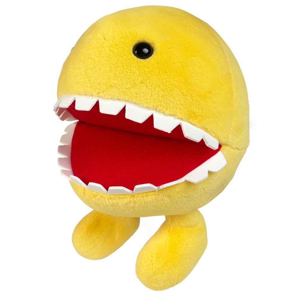 9.5" Yellow Round Ghost Pacn Plush Toy, Cute Man Arcade-Style Game Plush, Funny Creature Stuffed Figure with Big White Teeth & Black Eyes, Sitting Alien Plushie for Kids Room Decor & Party Gifts