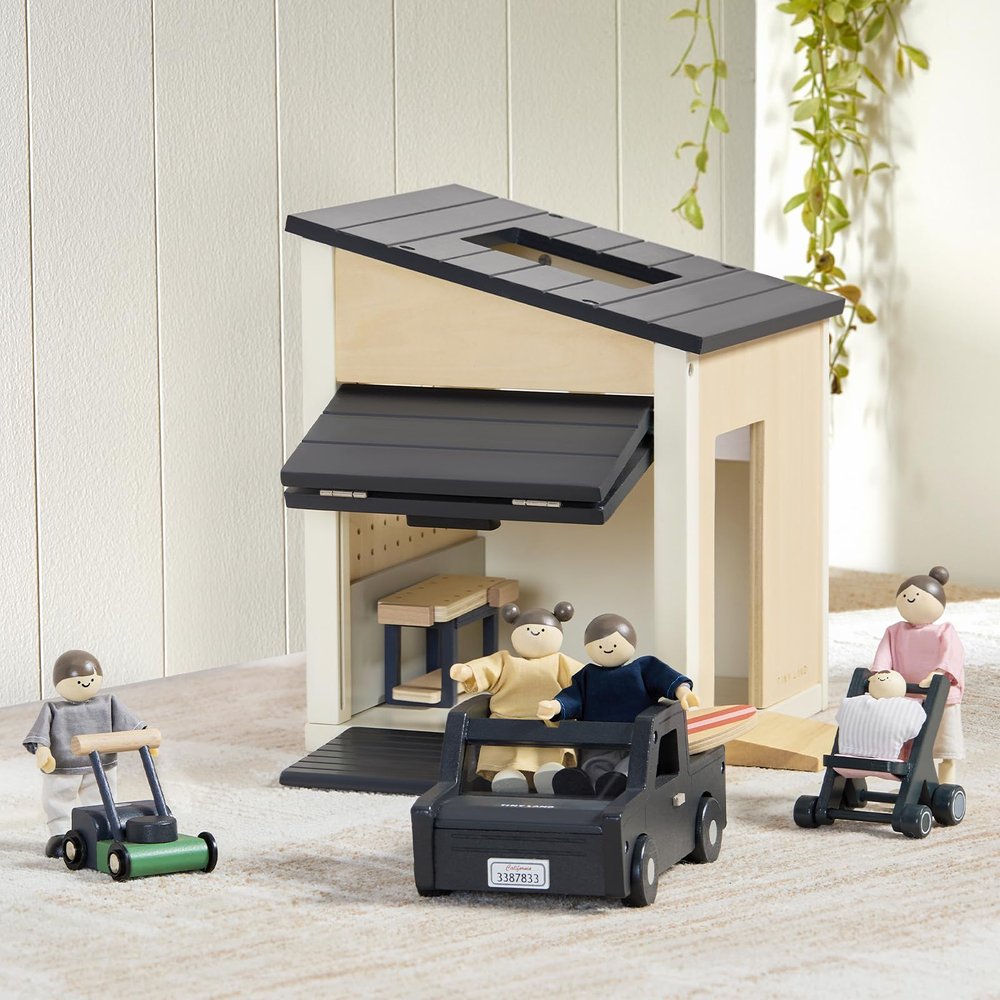 Tiny Land Wooden Doll House Family Set & Park n Play Garage Wooden Dollhouse Kit with Poseable Dollhouse People, SUV, Lawn Mower & Workbench Toddler Doll House Playset Gift for Kids Ages 3+