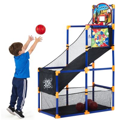 2-in-1 Kids Basketball Arcade Game Set with 4 Balls & 6 Sticky Toss Balls Indoor & Outdoor Basketball Hoop and Dart Game, Height Adjustable Sports Toy with Ball Return Ramp for Boys & Girls Ages 3+