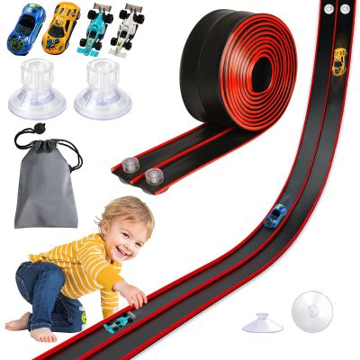 Newmkr 15 Ft Flexible Race Track for Kids 3+, Rolls Up Portable Flex Track, Comes with 4 Small Racing Cars 4 Suction Cups and 1Storage Bag, Compatible with 1/64 Diecast Cars,Indoor & Outdoor Play