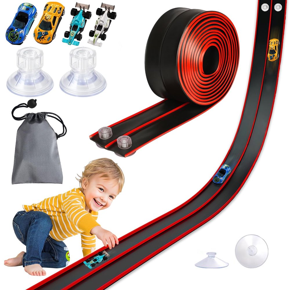 Newmkr 15 Ft Flexible Race Track for Kids 3+, Rolls Up Portable Flex Track, Comes with 4 Small Racing Cars 4 Suction Cups and 1Storage Bag, Compatible with 1/64 Diecast Cars,Indoor & Outdoor Play