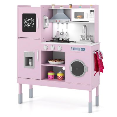 HONEY JOY Kids Kitchen Playset, Wooden Play Kitchen for Toddlers, Microwave, Cookware, Washing Machine, Range Hood, Little Chef Pretend Play Toy Kitchen Set, Gift for Boys Girls, Pink + Silver