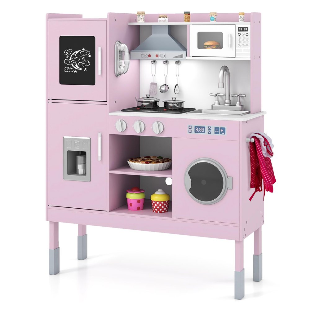 HONEY JOY Kids Kitchen Playset, Wooden Play Kitchen for Toddlers, Microwave, Cookware, Washing Machine, Range Hood, Little Chef Pretend Play Toy Kitchen Set, Gift for Boys Girls, Pink + Silver