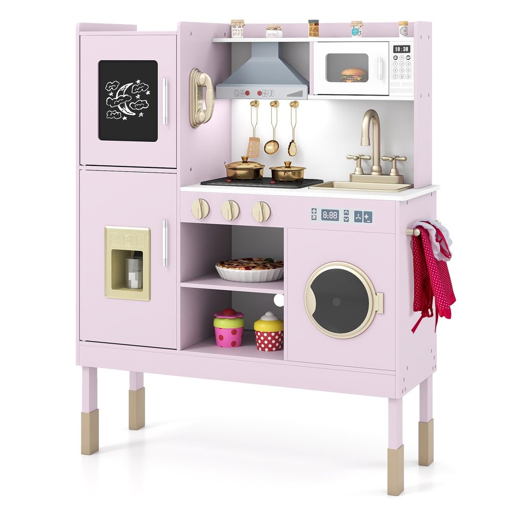 HONEY JOY Kids Kitchen Playset, Wooden Play Kitchen for Toddlers, Microwave, Cookware, Washing Machine, Range Hood, Little Chef Pretend Play Toy Kitchen Set, Gift for Boys Girls, Pink + Golden