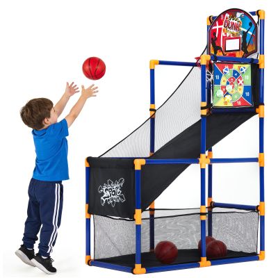 2-in-1 Kids Basketball Arcade Game Set with 4 Balls & 6 Sticky Toss Balls  Indoor & Outdoor Basketball Hoop and Dart Game, Height Adjustable Sports Toy with Ball Return Ramp for Boys & Girls Ages 3+