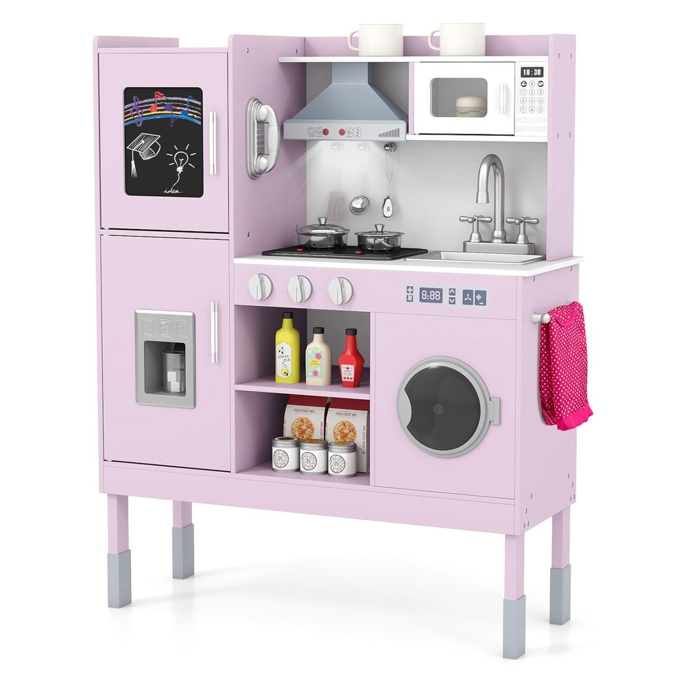 Costzon Kids Kitchen Playset, Wooden Toddler Montessori Toy Set w/Sound & Light, Adjustable Height, Range Hood, Stove, Microwave, Ice Maker, Phone, 16 PCS Accessories, Play Kitchen for Kids Ages 3+