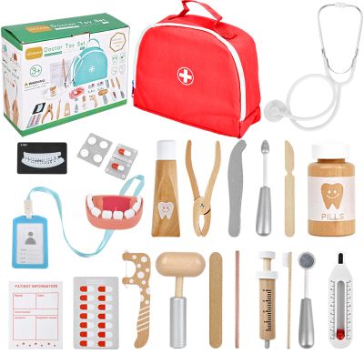 Doctor Kit for Kids, Dentist Pretend Play Educational Doctor Toy Set, 25Pcs Wooden Medical Kit with Stethoscope & Bag & Pretend Teeth & Doctor Toys, Role Play Toys for Girls and Boys 3-8 Years Old